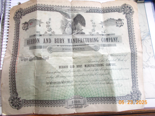 Certificado de stock vintage Herron and Bury Manufacturing Company, Erie, Penna