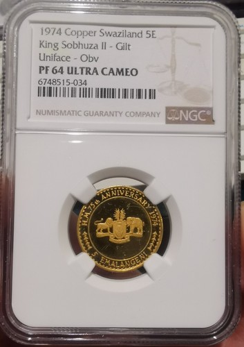 SWAZILAND 5 Emalangeni 1974 Copper Gilt NGC PF64 Uniface Trial Obverse - Imagen 3 de 4