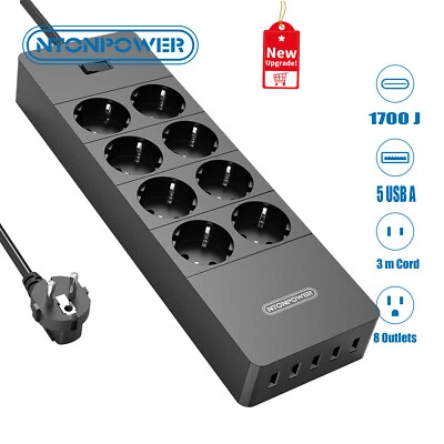 NTONPOWER 8 Fach 1700J Steckdosenleiste Mehrfachstecker Überspannungsschutz 3m 5 USB A