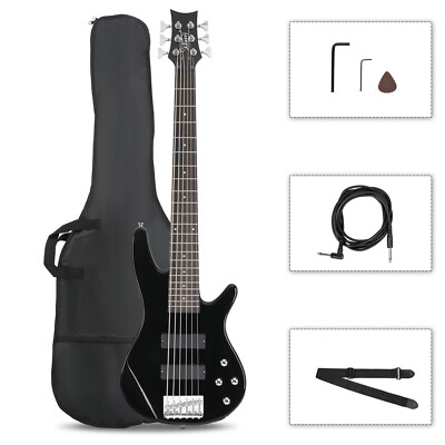6 String Right Handed GIB H-H Pickup Electric Bass Guitar Bag Strap Pick Black