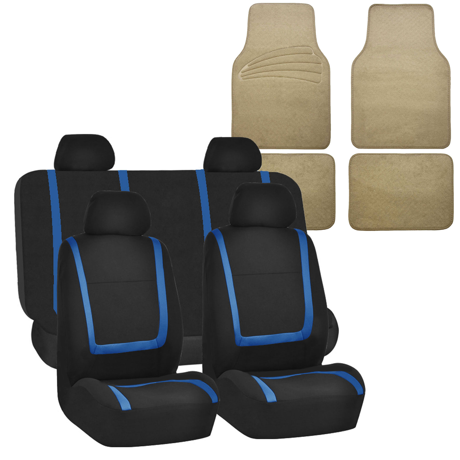 Universal Seat Covers For Auto Car Suv Van Blue Combo w/ Beige Floor Mats