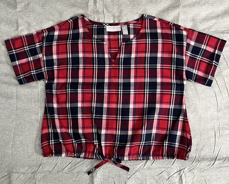 Girls Plaid Top Red, White & Blue W/Bow Tie Children’s Place Size XL 14 Preowned