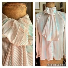 VTG Michelle Stuart Striped Blouse w Elegant Tie Cuffed Sleeves Sz 6 Corpcore