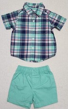 Carters  Boy's 2 Pc Short Set  6 Months  Lt Green Plaid.