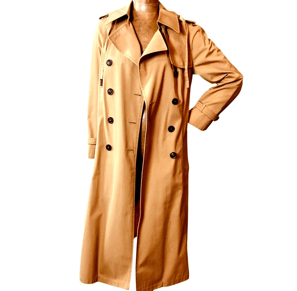 Gabardina London Fog larga/maxi para mujer 10 regular camel bronceado capucha y cinturón #120V