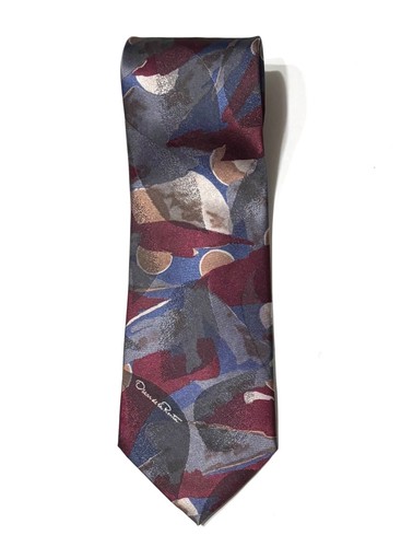 Oscar De La Renta Studio Signed Tie Geometric Design USA Gray Blue Maroon Gold - Picture 8 of 8
