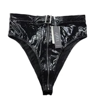 NEW - iEFiEL High Waist Thong Black Wetlook Black Patent Front Zip Women's Med