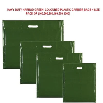 MSF HEAVY DUTY HARROD GREEN COLORED PLASTIC CARRIER BAGS PARTY GIFT BAGS IN 4 SIZE