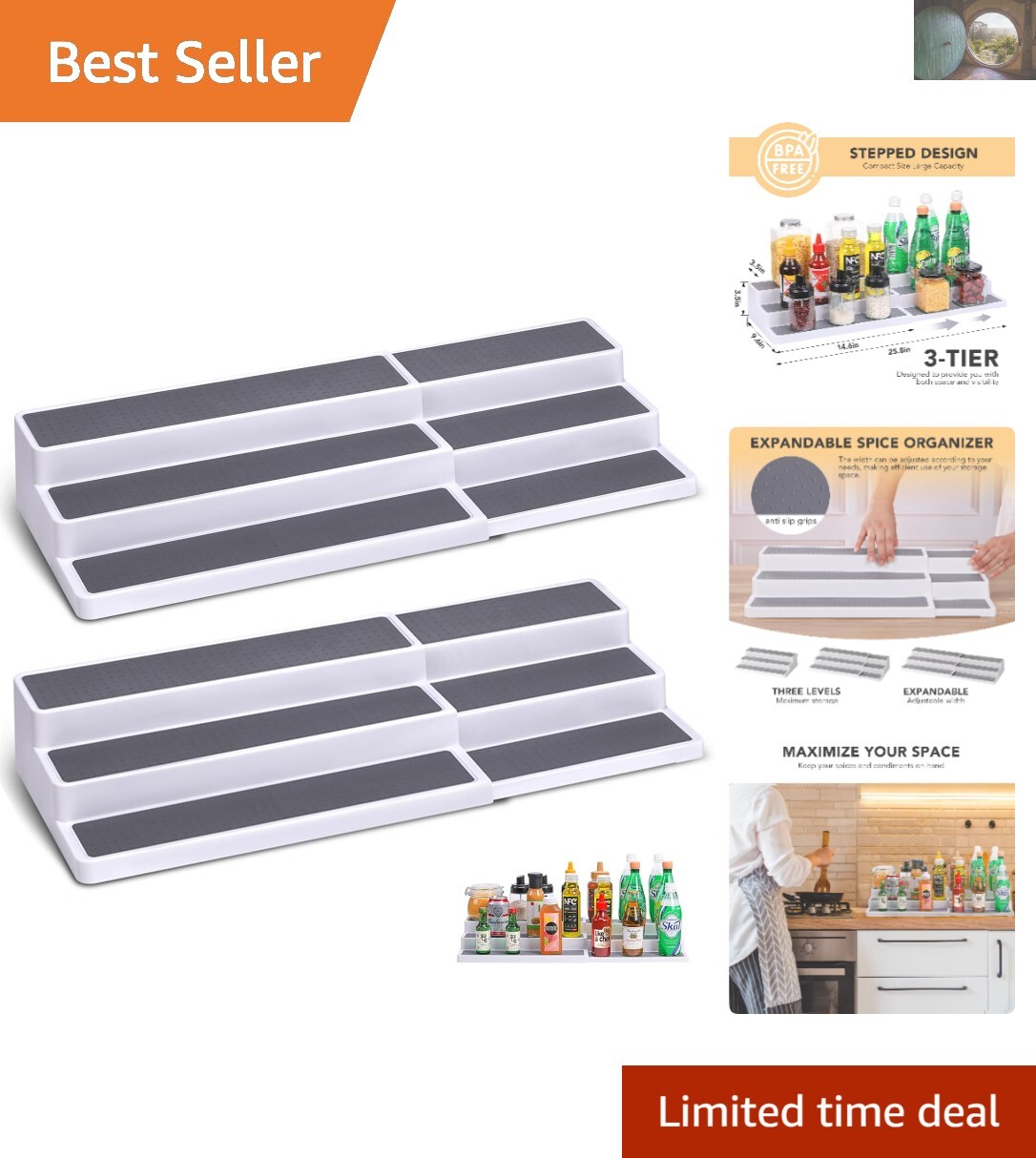 3-Tier Expandable White Grey Plastic Spice Rack Organizer Adjustable Storage