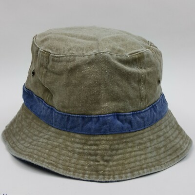VTG 90s Y2k Mens OSFA Bucket Hat Crusher Fish Boonie Cap Long Brim Golf Tan  Blue