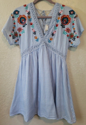 Altar'd State Blue White Stripe Embroidered Lace Back Short Dress Size  Small | eBay