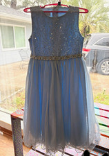 American Princess Girls Blue Sequin Tulle Fit & Flare Dress Bow Size 6X