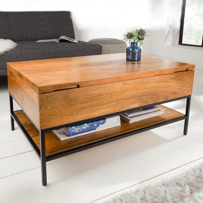 Höhenverstellbarer Couchtisch FACTORY LIFTUP 80cm Mangoholz massiv mit Stauraum