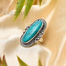Long Oval 925 Sterling Silver Natural Turquoise Handmade Ring Women Jewelry
