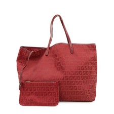 FENDI Zucchino Canvas Leather Tote Bag Shoulder Bag Red 8BH005 Auth Used F/S
