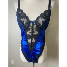 Vintage Colesce Collection Blue Satin Black Lace Bodysuit Teddy Lingerie S/M