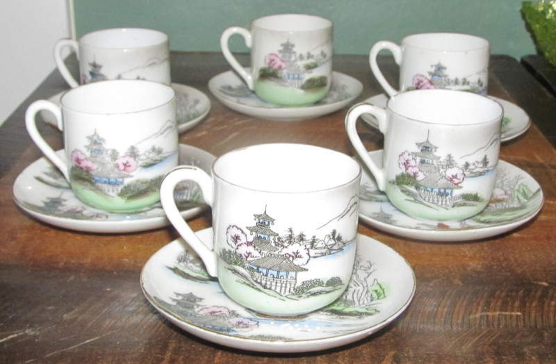 6 Japanese Cups Tea Teacup Sake W Saucers RARE SET Japan Vintage Thin Porcelain