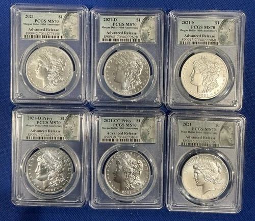 2021 6 Coin 100th Anniversary Morgan & Peace Dollar Set PCGS MS70 First Day