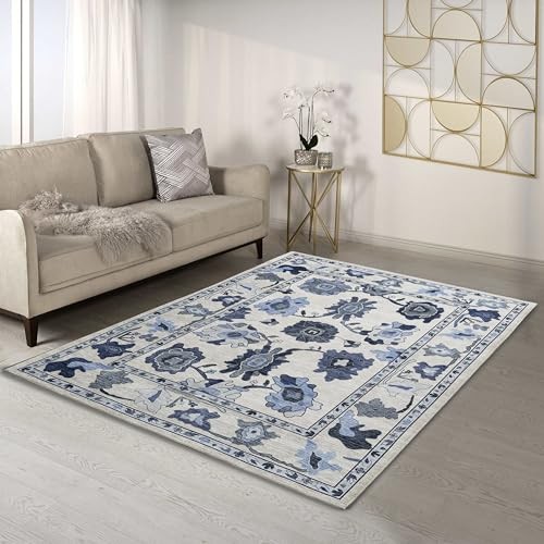 Navy Blue Oushak Rug, Modern, Vintage, Turkish, Eclectic, Floral, Pastel, - Picture 4 of 8