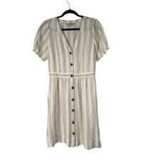 Loft‎ Tan Cream Striped Linen Blend Button Front Dress Womens 4 Casual Neutral