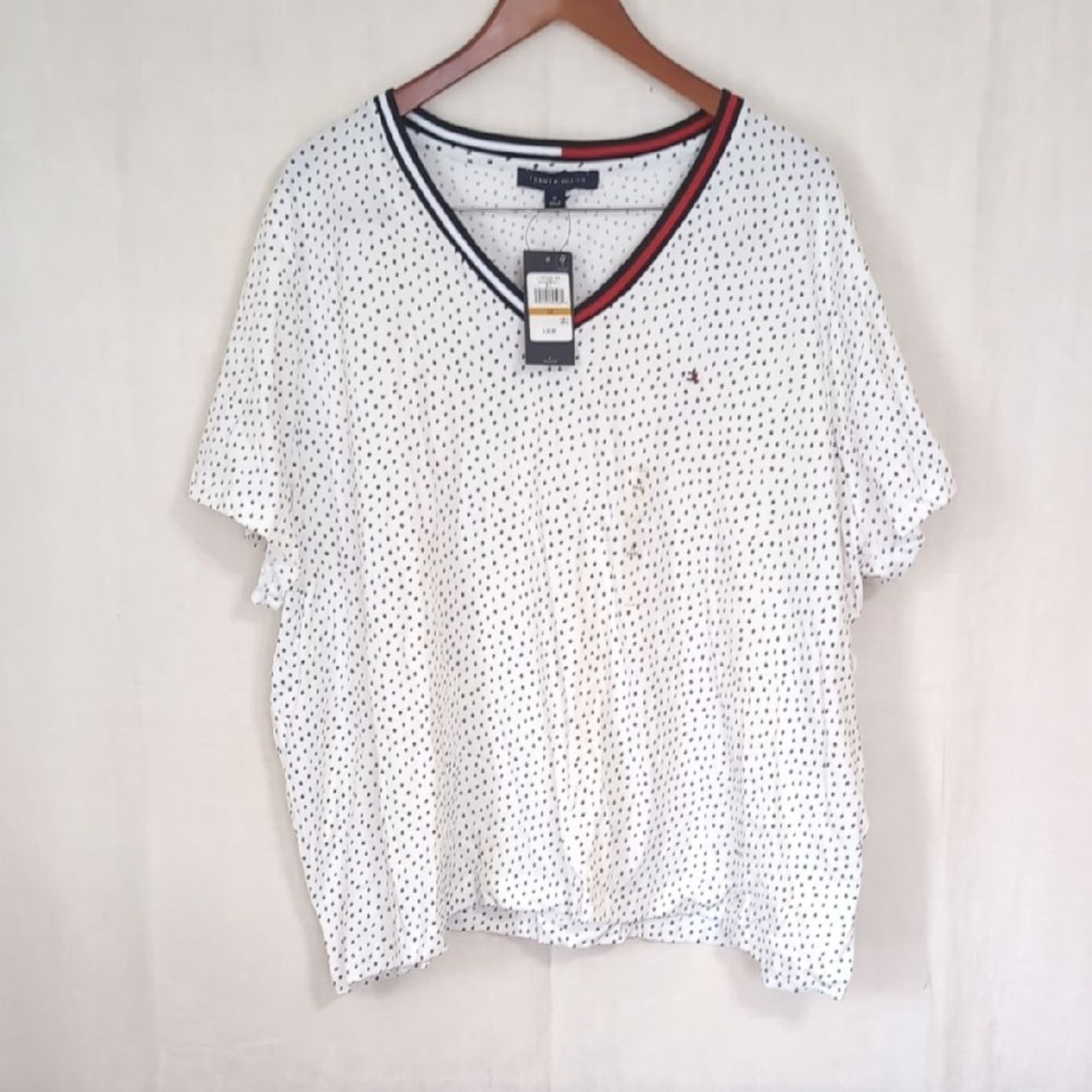 Tommy Hilfiger Vneck White Black Dot Short Sleeve Top Size 3X New with Tags