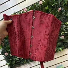 Red Jacquard Overbust Strapless Corset Lace Up Boned Floral Women Size M