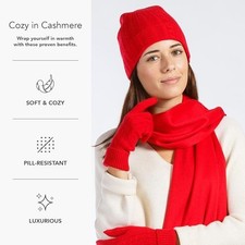 NEW Fishers Finery Women's 100 Cashmere 3pc Hat Glove and Scarf Set Red 