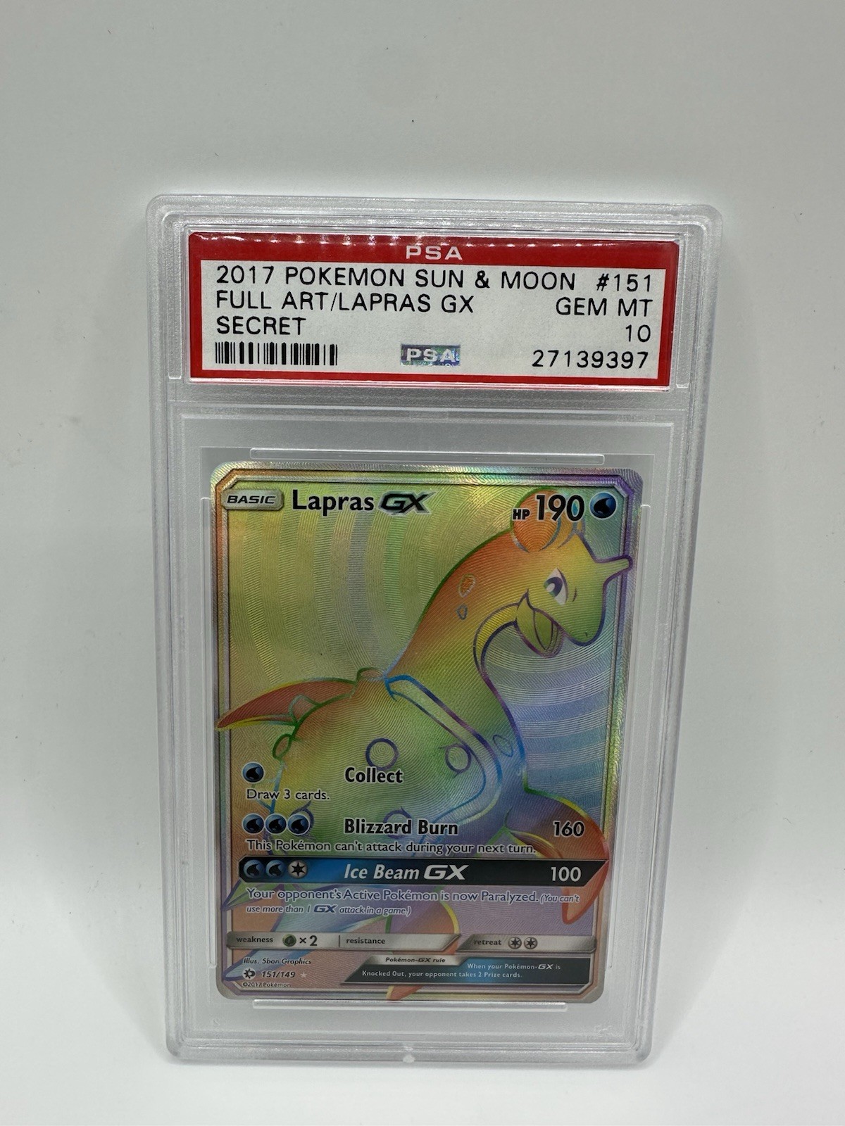 2017 POKEMON SUN & MOON FULL ART LAPRAS GX SECRET RAINBOW #151 PSA 10