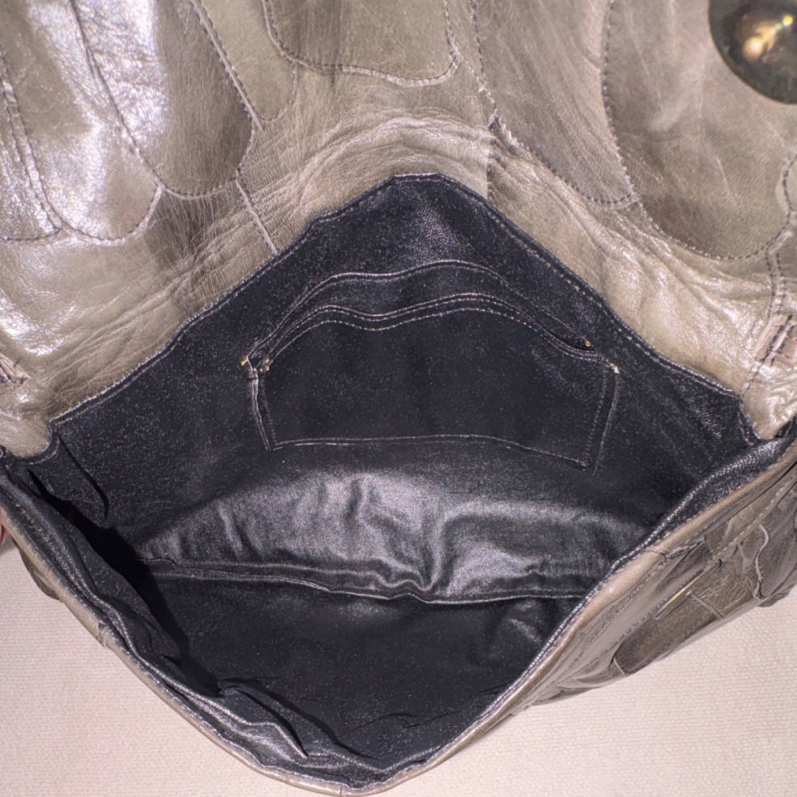 Gray Patchwork Shoulder Bag with Silver Chain Str… - image 3