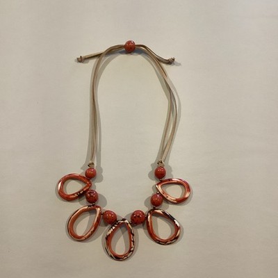 Orange White Beaded Statement Cord Necklace Teardrop Pendant Adjustable