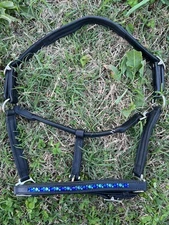 Leaders 3/4" Blue/Turquoise Crystal Black Leather Halter for Cob Size