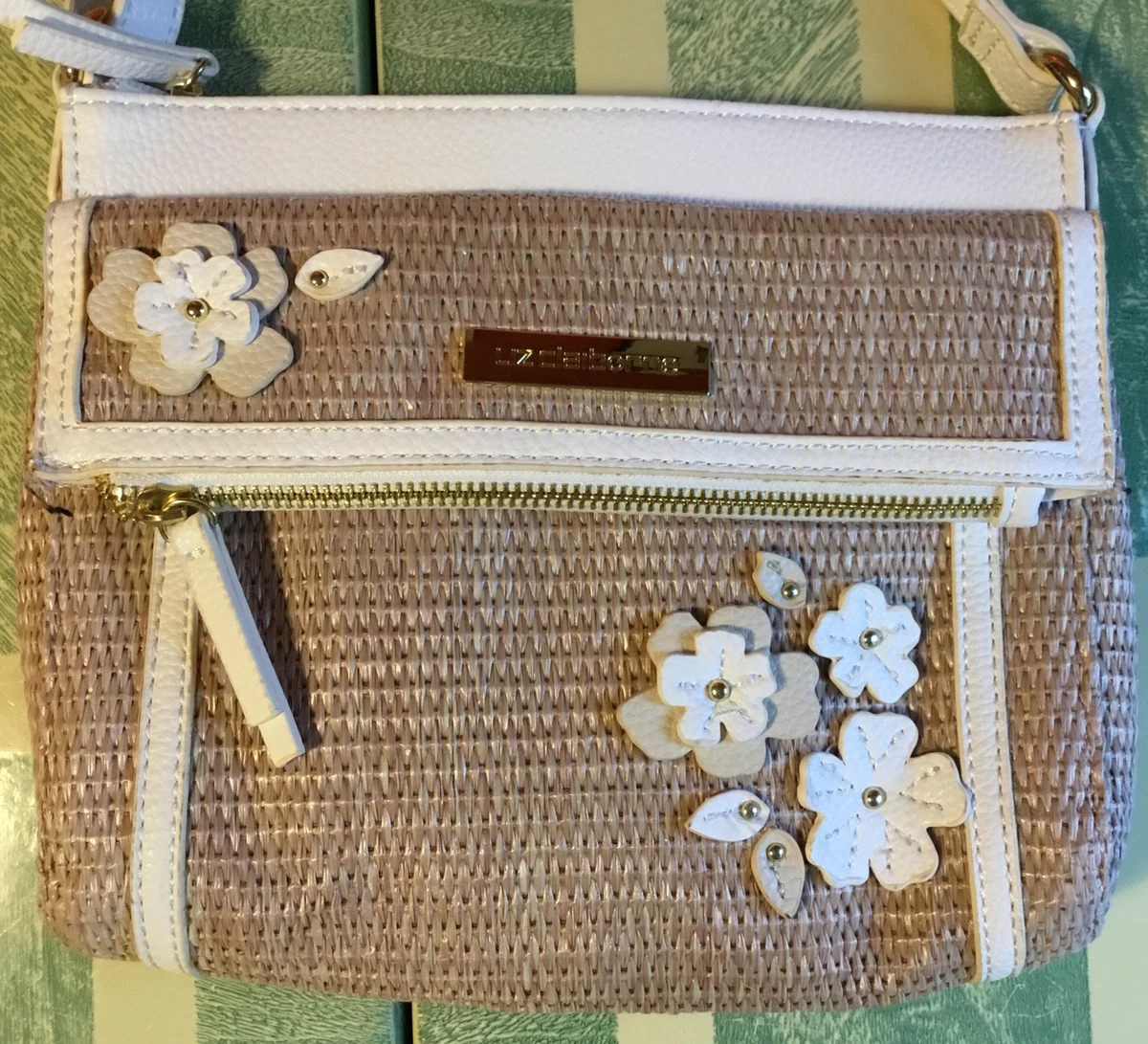 Liz Claiborne Idol Crossbody Khaki color Straw Floral Small Purse VGC Beach Life