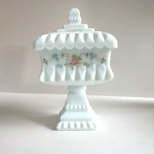 Vintage Square Milk Glass Floral Lidded Pedestal Trinket, Jewelry, Candy Dish