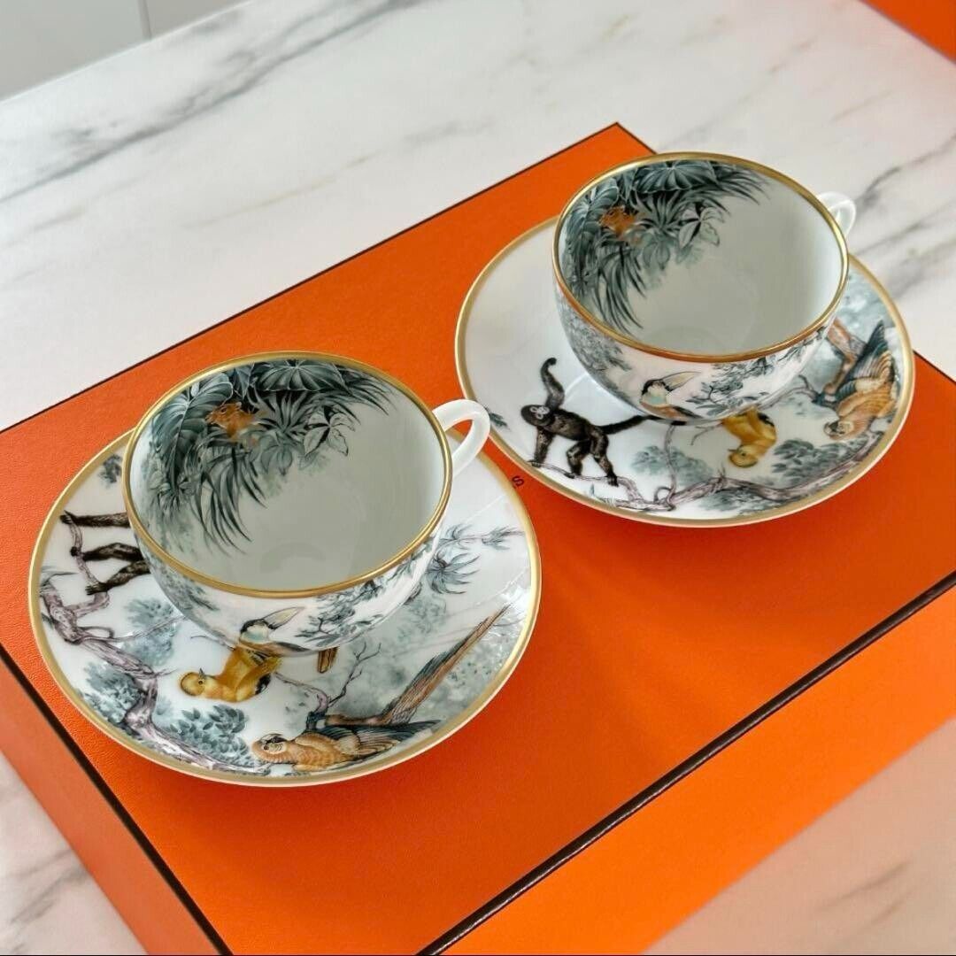 Hermes Carnets D'Equateur Tea Cup & Saucer Pair Robert Hermes Carnets D'Equateur Tea Cup & Saucer Pair Robert