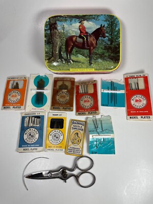 Vintage Milwards Sewing needles, H.Boker&Co Scissors and BONUS CDN Mountie Tin