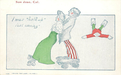 Roller Skating Couple Postcard San Jose CA Woods Cards 125 I Was Held Up