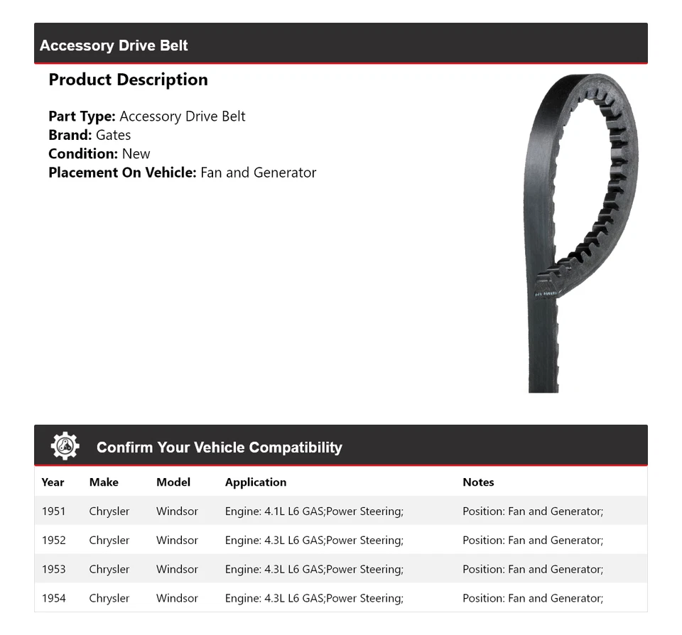 Accesorio para Chrysler Windsor 1951-1954 ventilador de correa de transmisión y puertas del generador 1952 Foto 2 de 4