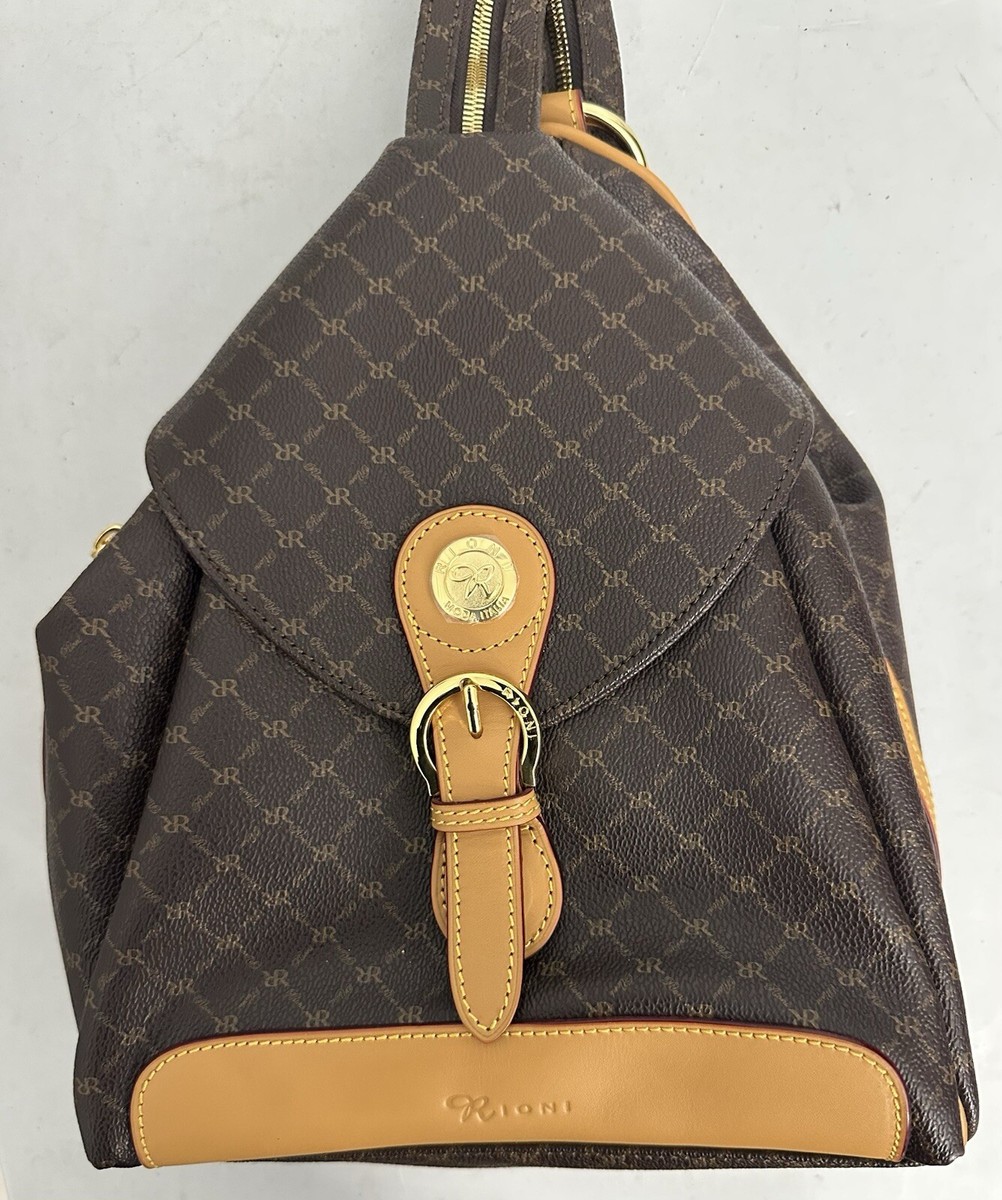 Rioni Signature Brown Monogram Zipper Strap Backpack | eBay display picture 2