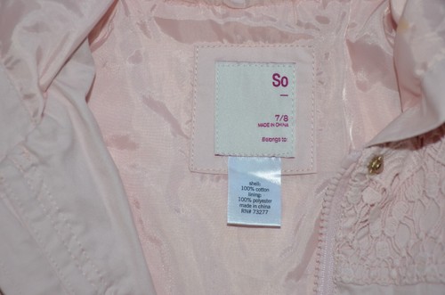 Girl's SO Pink 100% Cotton/Cotton Lace Size 7/8 Hooded Lined Jacket Mid Length - Picture 9 of 14
