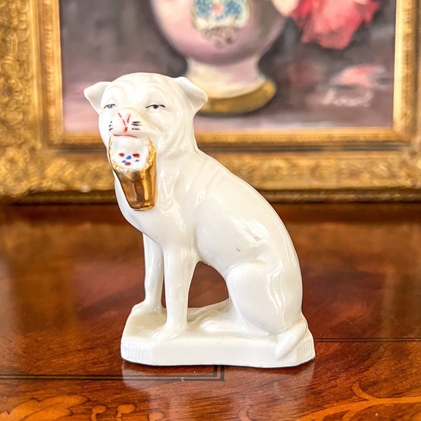 Small White Dog Bulldog Pitbull Staffordshire Figurine Holding Basket