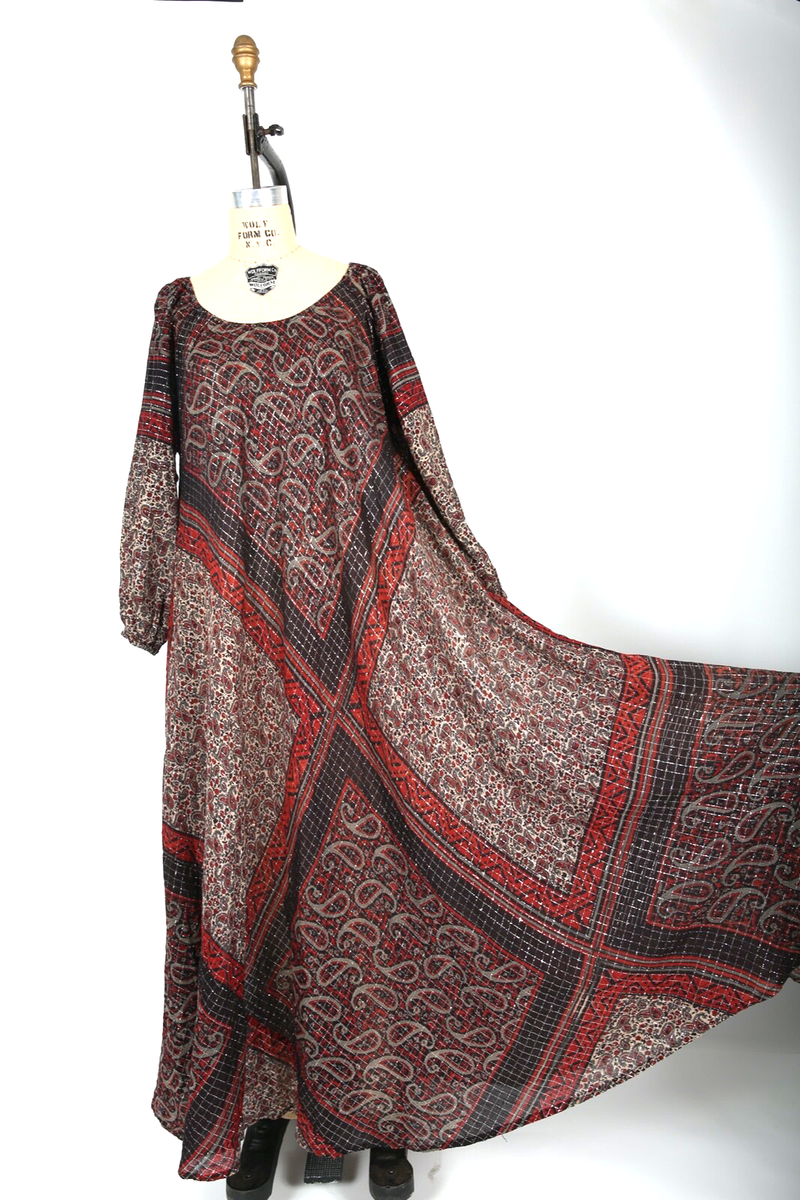 70s Vintage Kaftan Maxi Dress Sultana by Adini Floral Lurex Boho Bohemian  Hippy