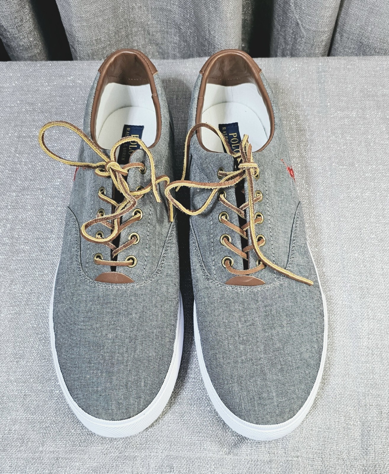 Scarpe da ginnastica Polo Ralph Lauren Vaughn da uomo taglia 16 D grigio chambray pelle pony