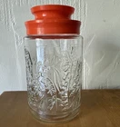 Vintage TANG Anchor Hocking Glass Jar LILIES Of The VALLEY Orange Plastic Lid