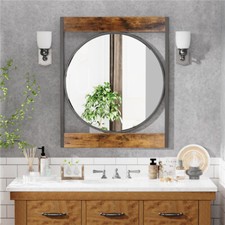 Large Rustic Round Wall Mirror with SolidWood Frame for Bathroom Bedroom 25"X30"