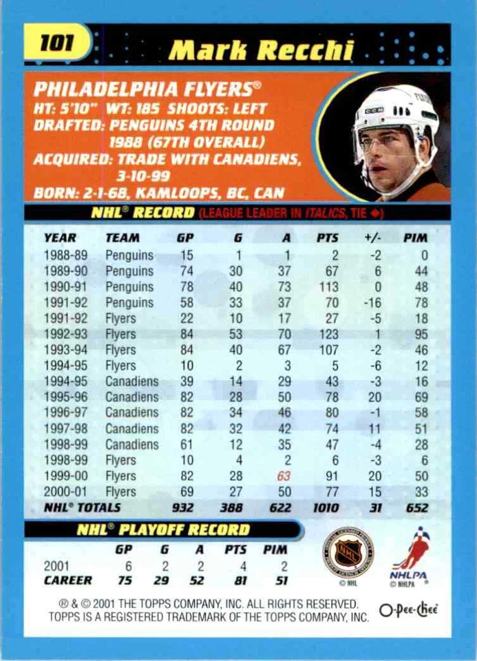 2001-02 O-Pee-Chee Mark Recchi #101 - Image 2 of 2