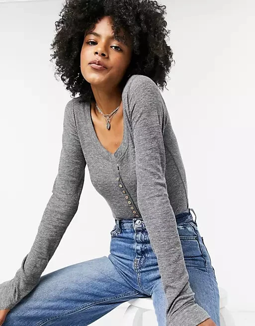 Free People Dylan Thermal Women Bodysuit Grey Size M Long Sleeve