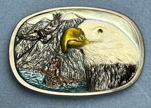 C J Belt Buckle Eagle Water Mountains Made in USA Marked "1135" READ