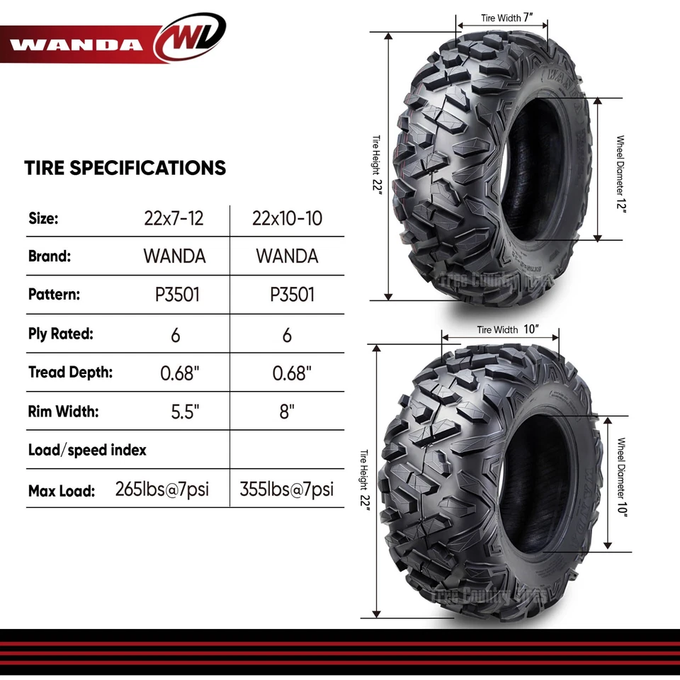 4 WANDA 全地形车轮胎 22x7-12 22x10-10 6PR 适合 2011 Tomberlin SDX 200 T14 — 第 4/4 张图片