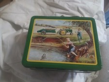 VINTAGE BOITE A LUNCH METAL JOHN DEERE "TROUBLE TORTUE" GARÇON PÊCHE AVEC PAPA