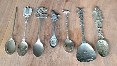 Lot of 7 Souvenir Collector Spoons - Bicentennial, Whale, Rawcliffe Pewter
